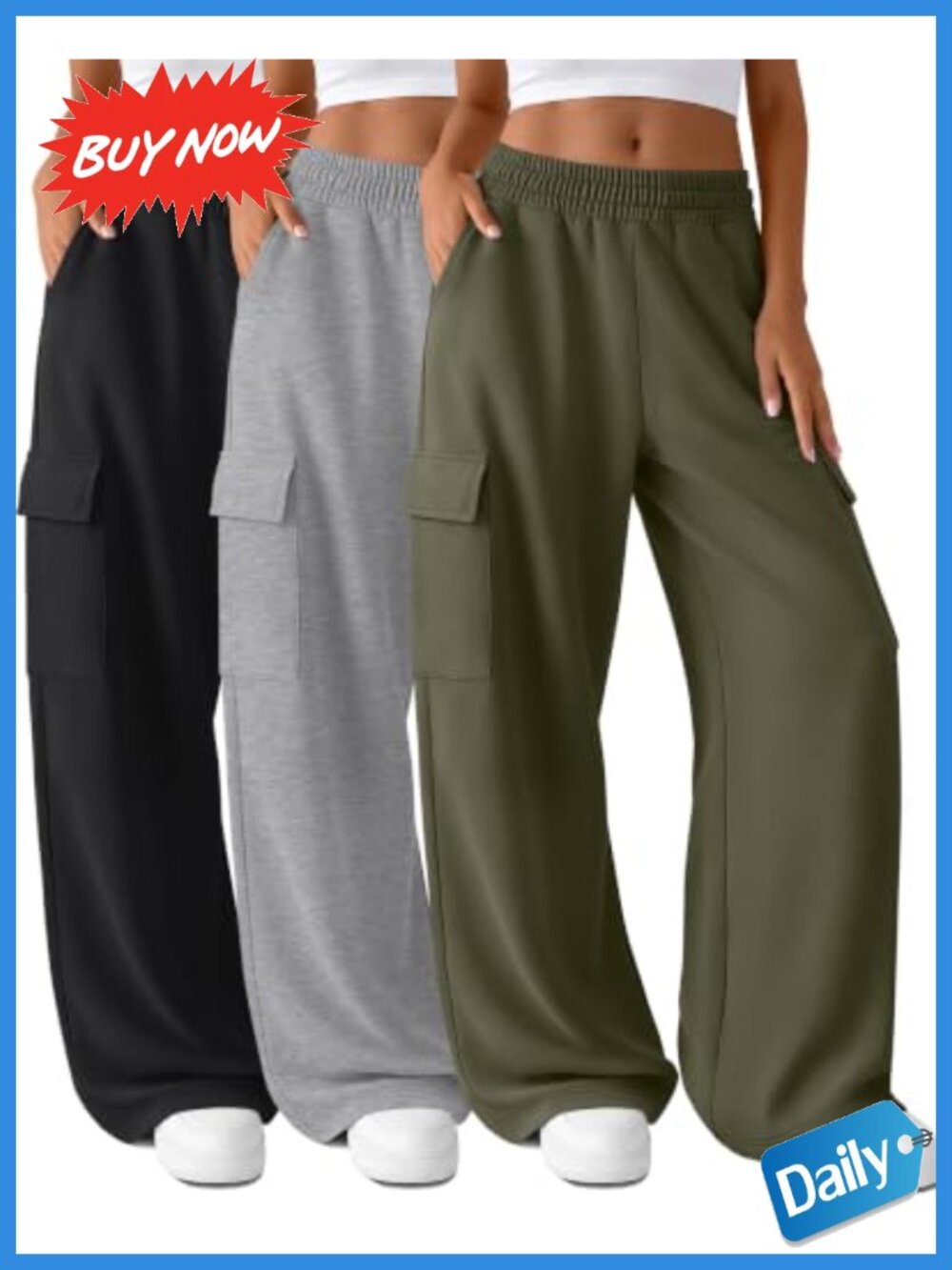 Wide Leg Cargo Sweatpants 3 Pack 100% Polyester Baggy Pull On